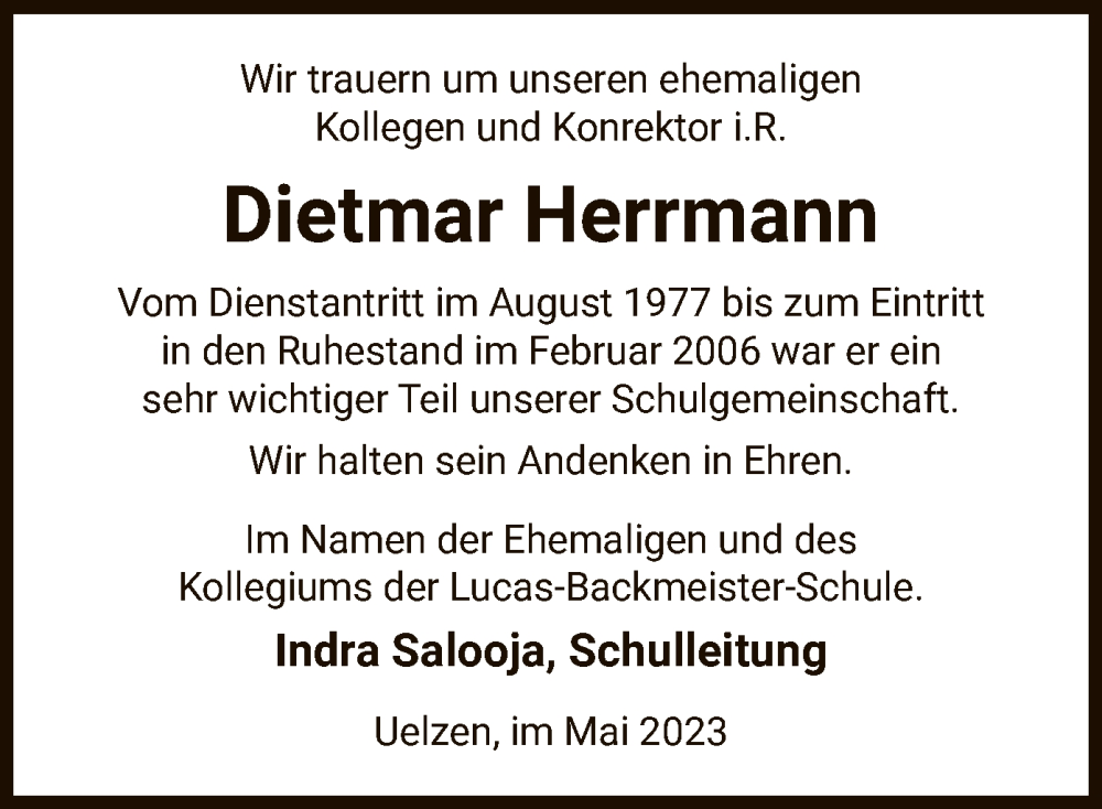  Traueranzeige für Dietmar Herrmann vom 27.05.2023 aus UEL