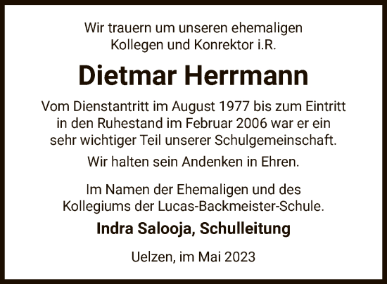 Traueranzeige von Dietmar Herrmann von UEL