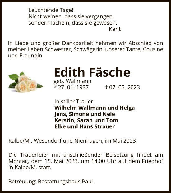 Traueranzeige von Edith Fäsche von UEL