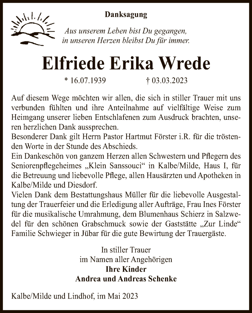  Traueranzeige für Elfriede Erika Wrede vom 13.05.2023 aus UEL