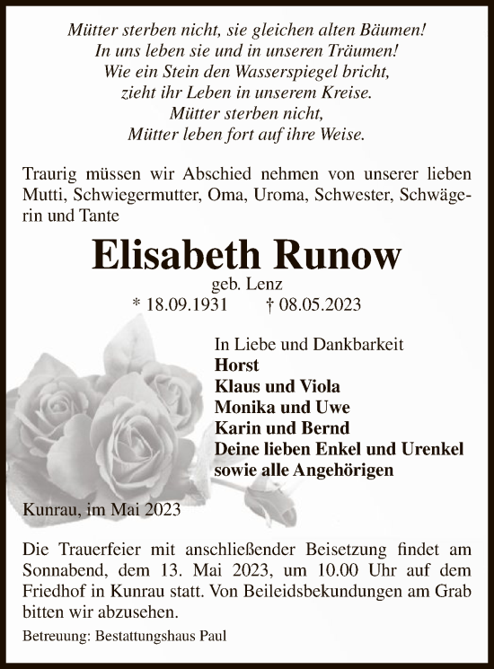 Traueranzeige von Elisabeth Runow von UEL