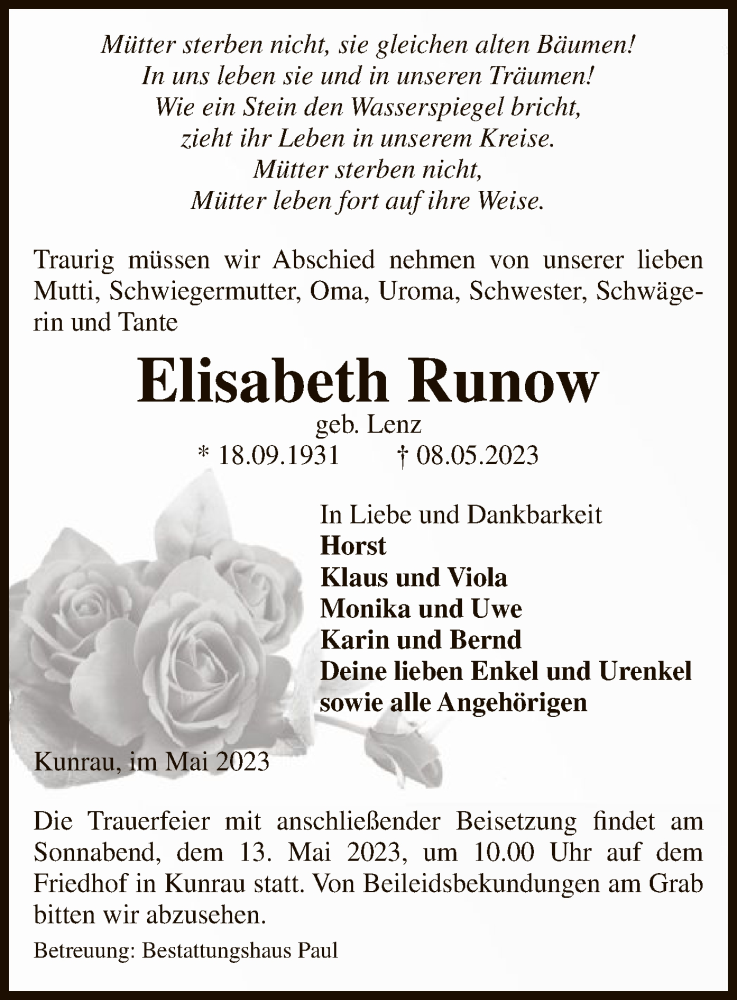  Traueranzeige für Elisabeth Runow vom 11.05.2023 aus UEL