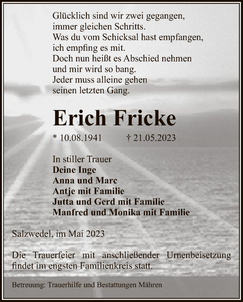  Traueranzeige für Erich Fricke vom 24.05.2023 aus UEL