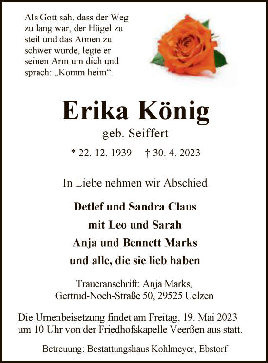 Traueranzeige von Erika König von UEL