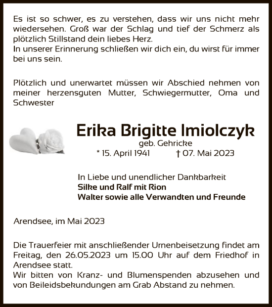 Traueranzeige von Erika Brigitte Imiolczyk von UEL