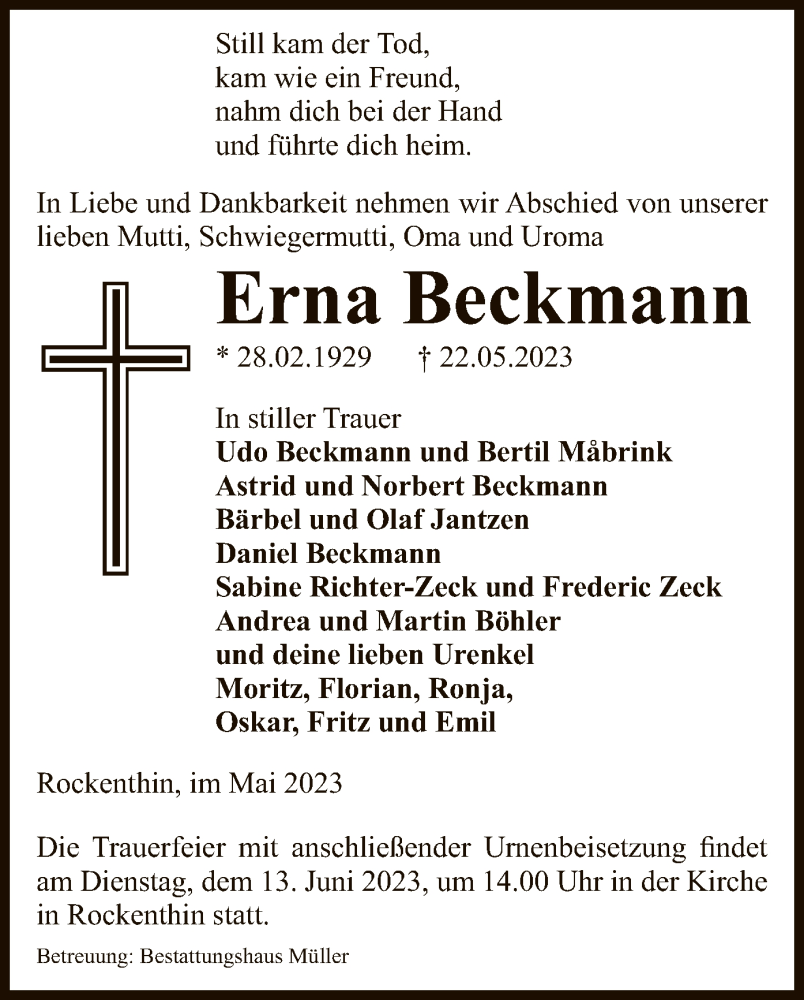  Traueranzeige für Erna Beckmann vom 27.05.2023 aus UEL