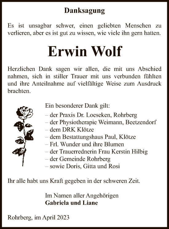 Traueranzeige von Erwin Wolf von UEL