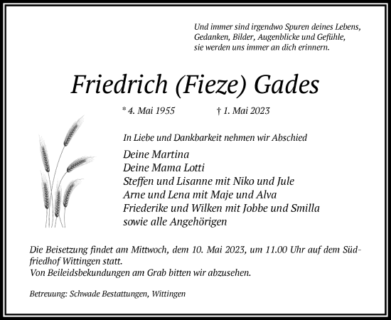 Traueranzeige von Friedrich Gades von UEL