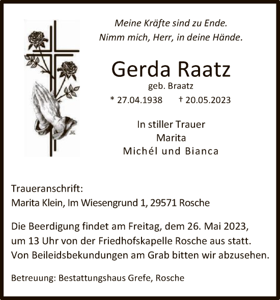 Traueranzeige von Gerda Raatz von UEL