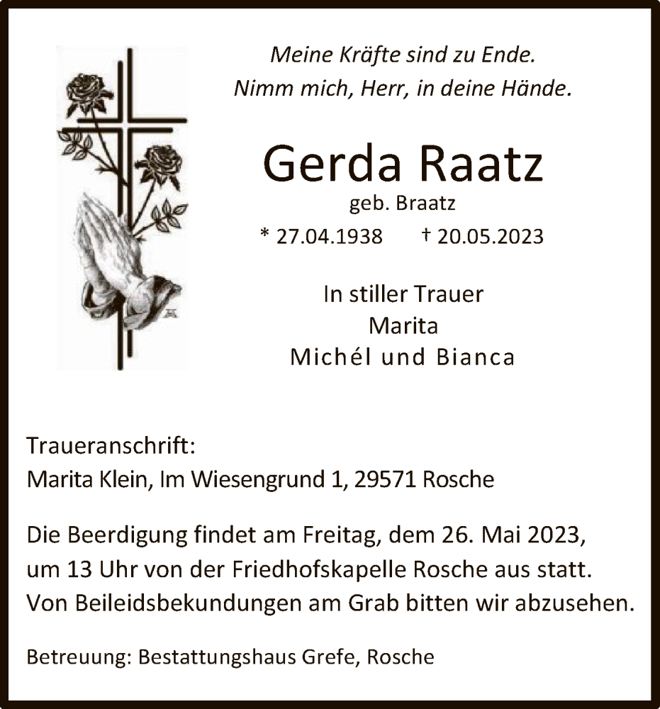 Traueranzeige für Gerda Raatz vom 23.05.2023 aus UEL