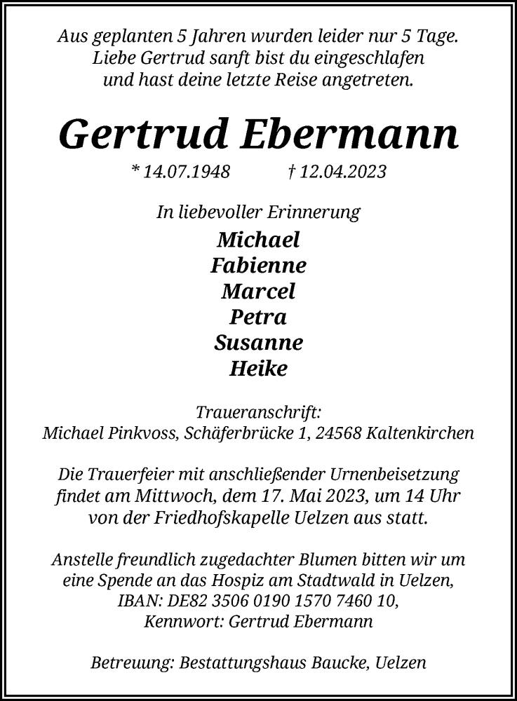  Traueranzeige für Gertrud Ebermann vom 13.05.2023 aus UEL