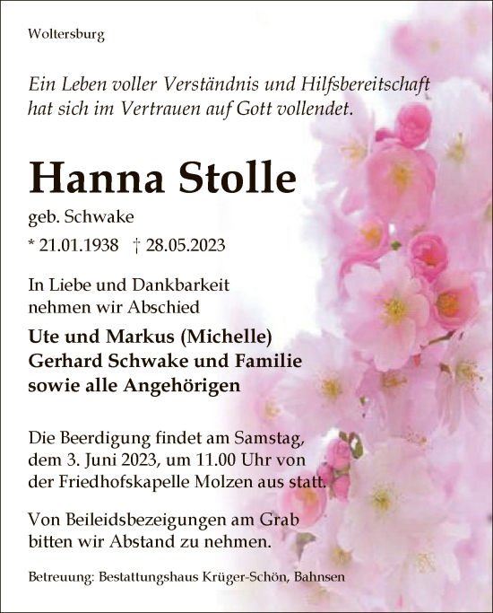 Traueranzeige von Hanna Stolle von UEL