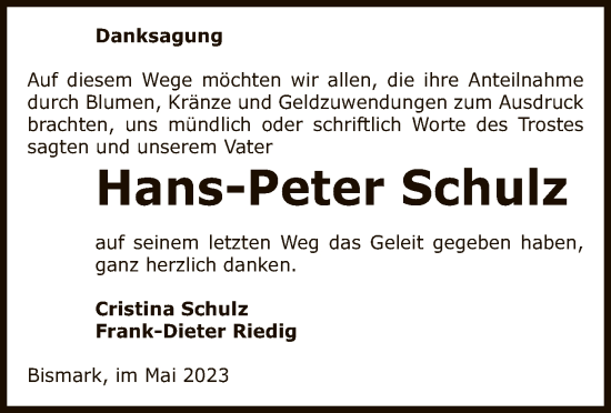 Traueranzeige von Hans-Peter Schulz von UEL