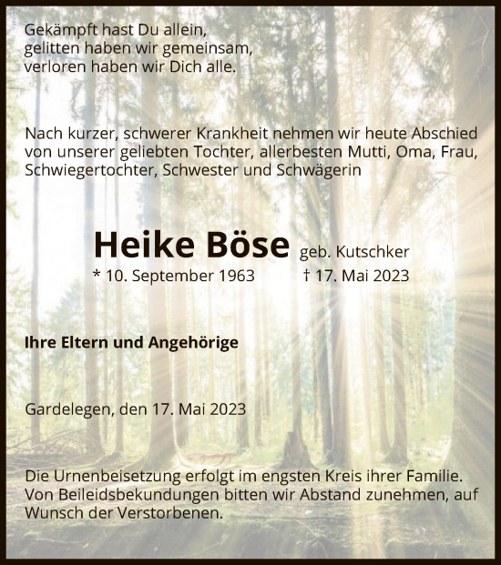 Traueranzeige von Heike Böse von UEL