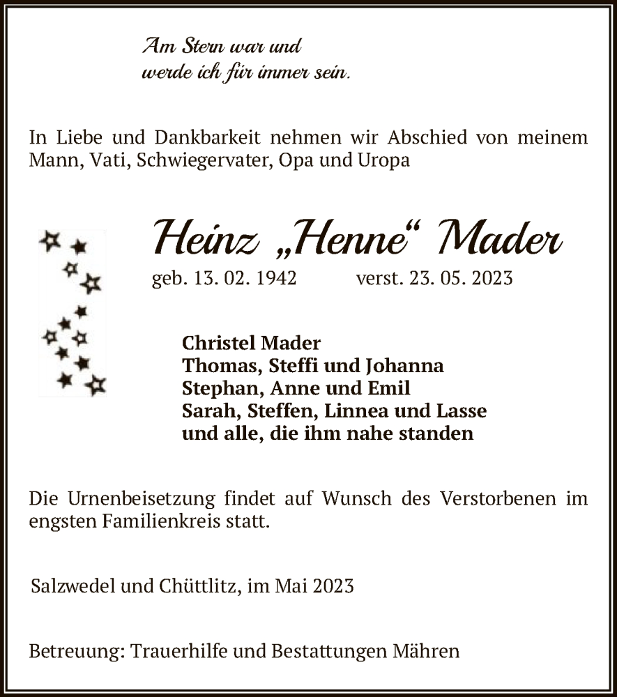  Traueranzeige für Heinz Mader vom 26.05.2023 aus UEL