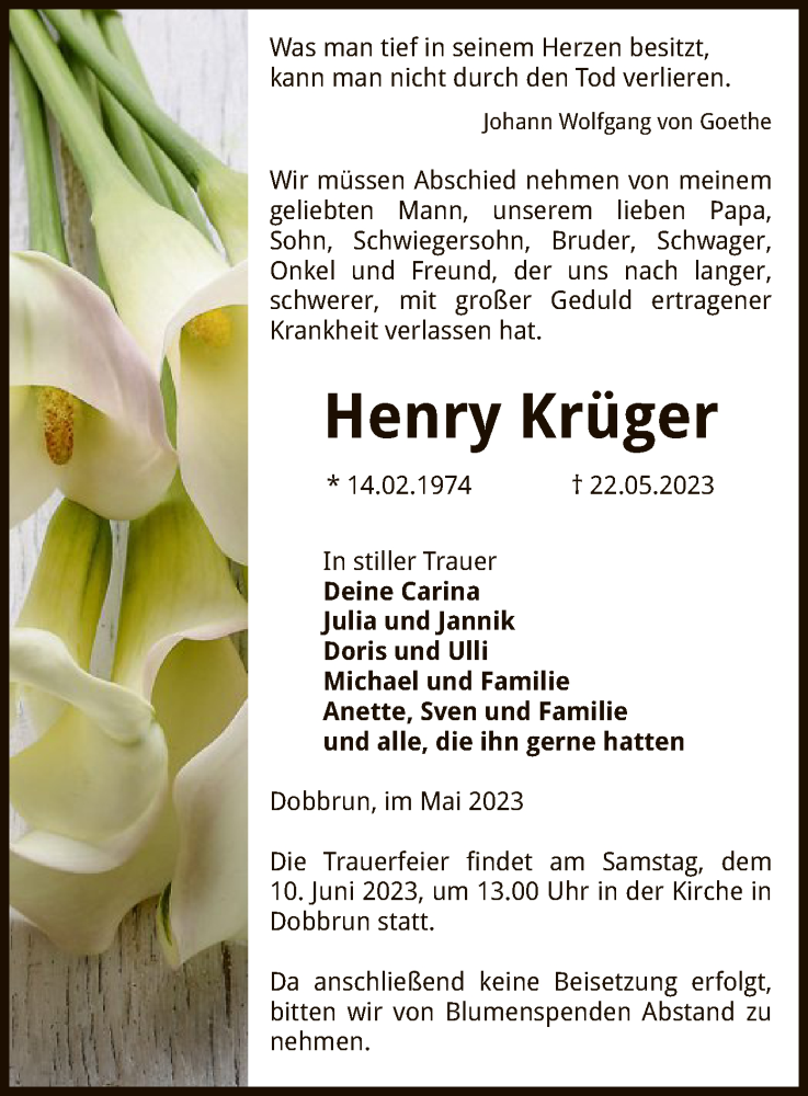  Traueranzeige für Henry Krüger vom 27.05.2023 aus UEL