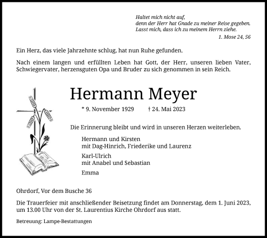 Traueranzeige von Hermann Meyer von UEL