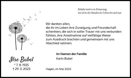 Traueranzeige von Ilse Bubel von UEL