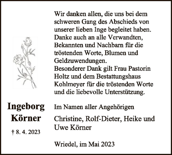 Traueranzeige von Ingeborg Körner von UEL