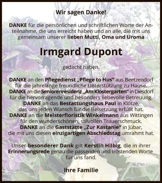 Traueranzeige von Irmgard Dupont von UEL