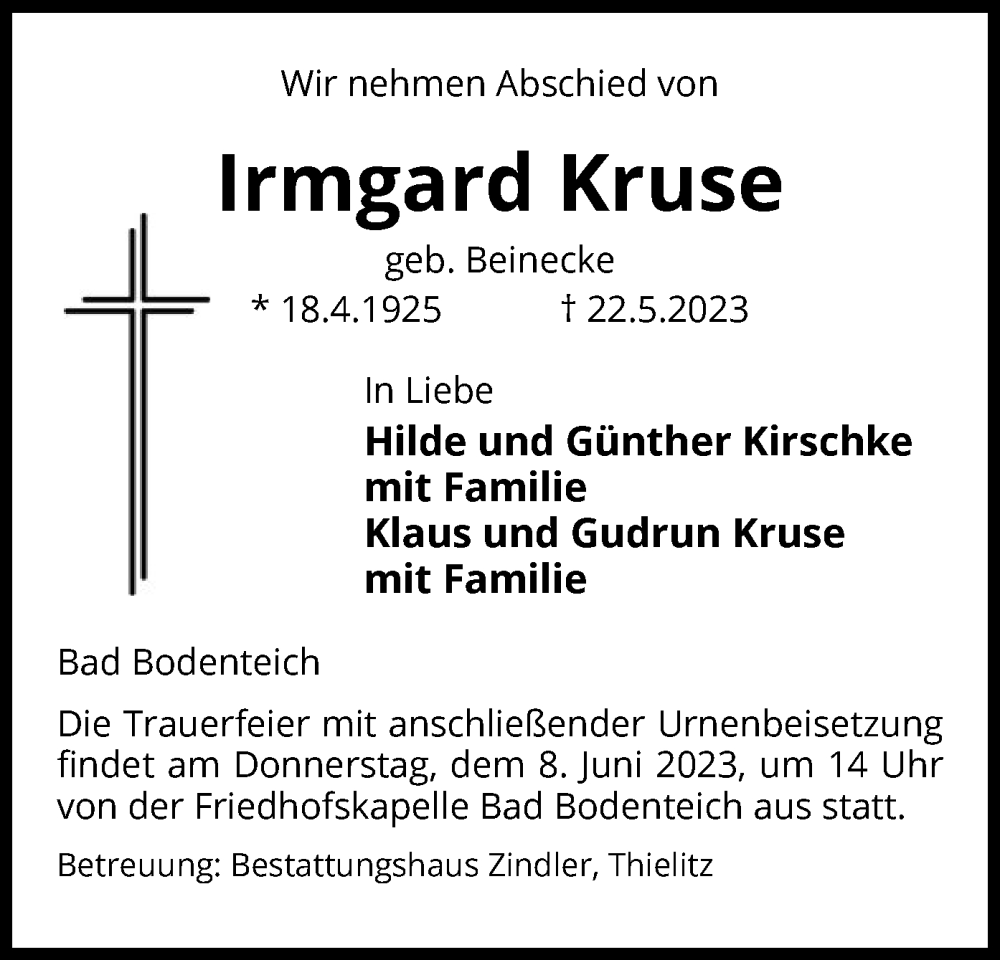  Traueranzeige für Irmgard Kruse vom 27.05.2023 aus UEL