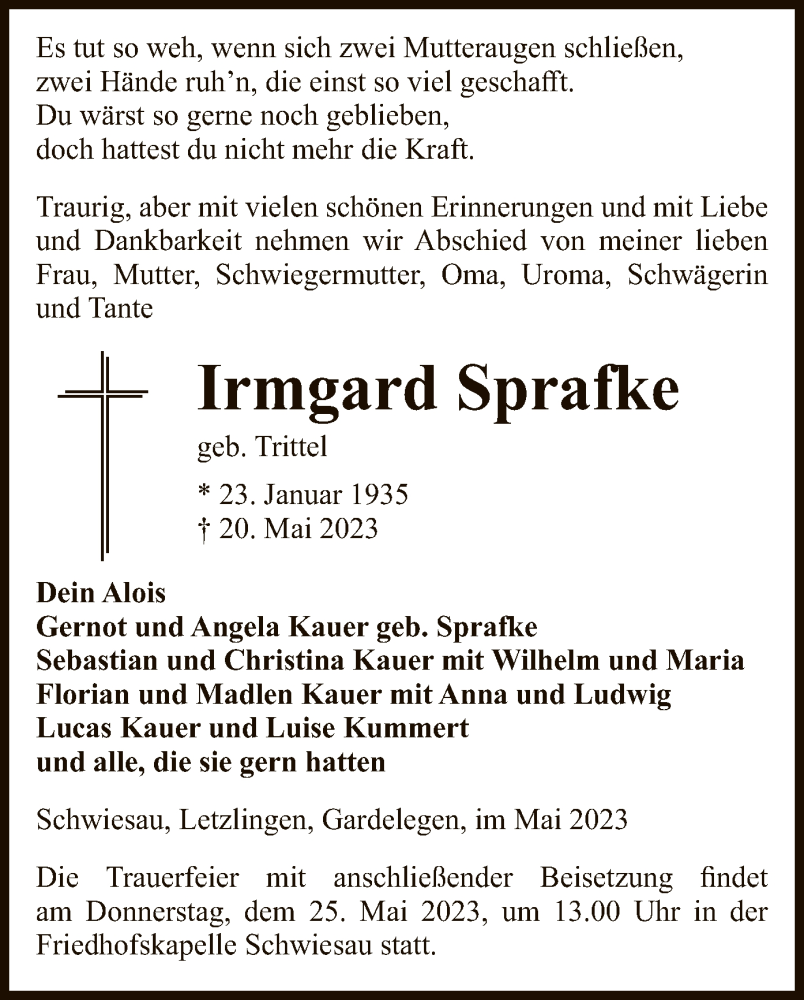  Traueranzeige für Irmgard Sprafke vom 23.05.2023 aus UEL
