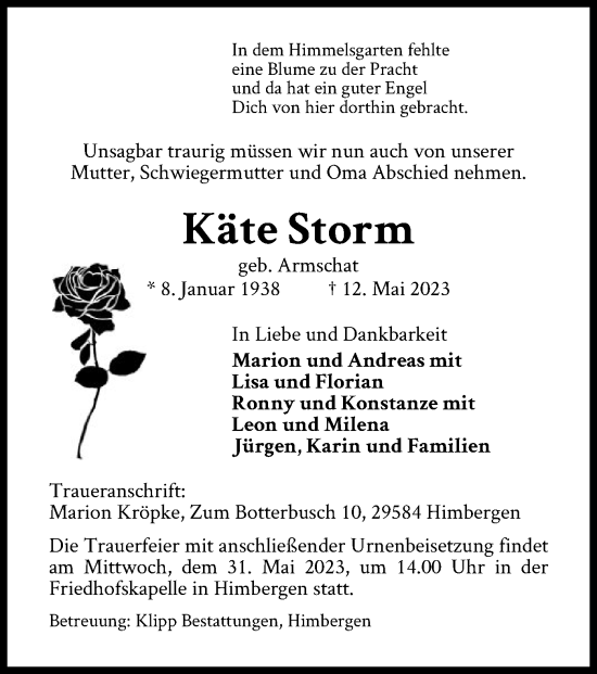 Traueranzeige von Käte Storm von UEL