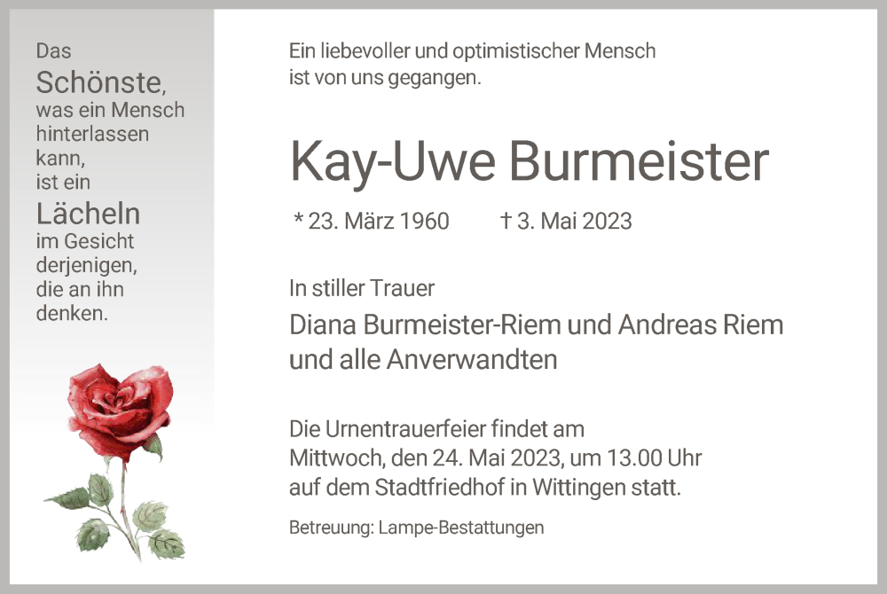  Traueranzeige für Kay-Uwe Burmeister vom 13.05.2023 aus UEL