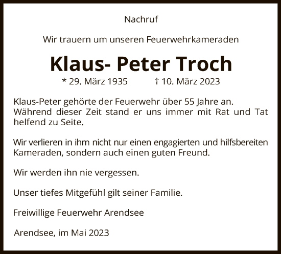 Traueranzeige von Klaus-Peter Troch von UEL