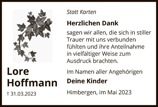 Traueranzeige von Lore Hoffmann von UEL