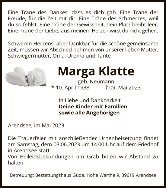 Traueranzeige von Marga Klatte von UEL