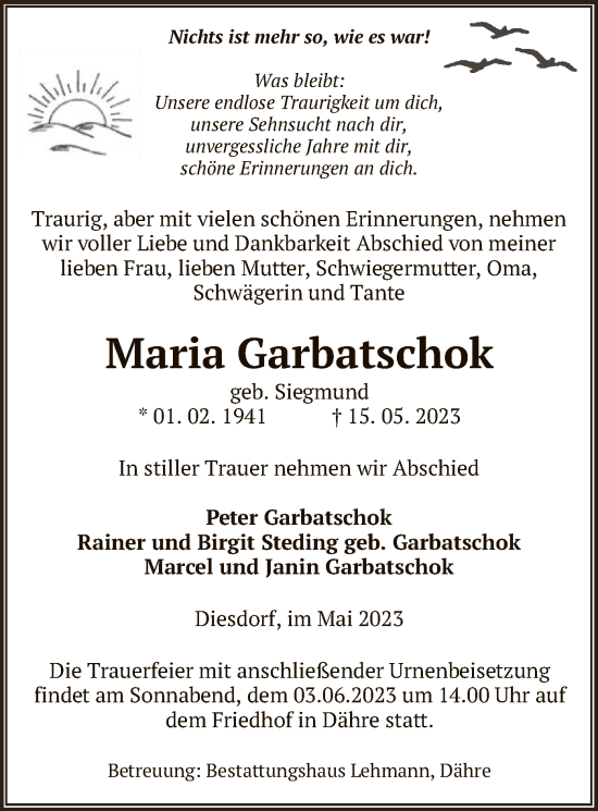 Traueranzeige von Maria Garbatschok von UEL