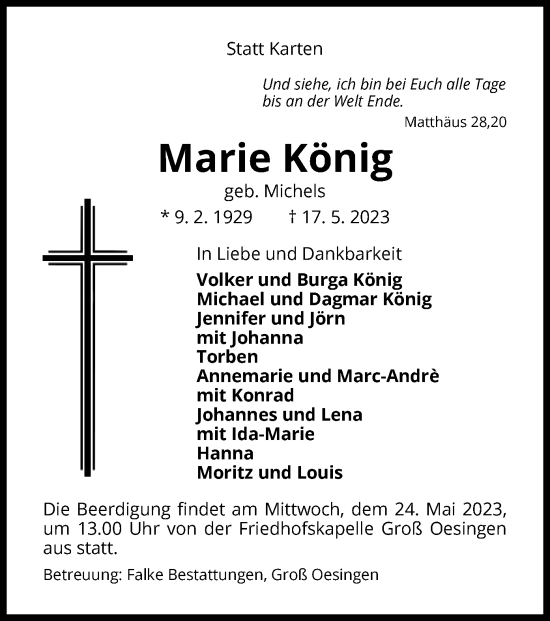 Traueranzeige von Marie König von UEL