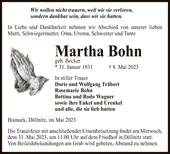 Traueranzeige von Martha Bohn von UEL