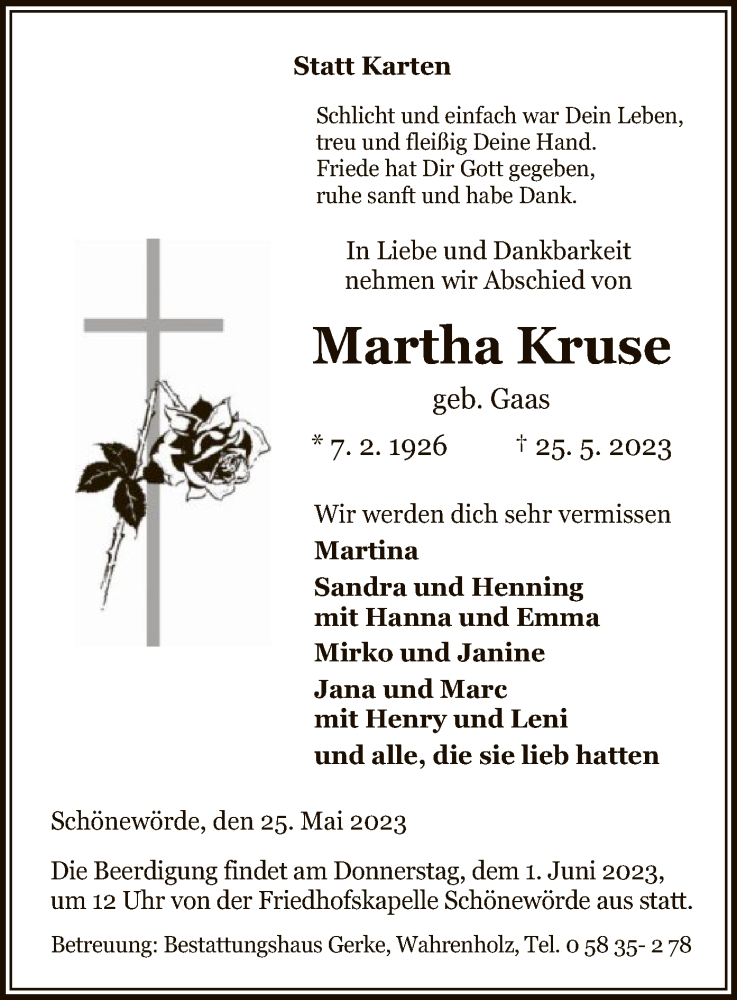  Traueranzeige für Martha Kruse vom 27.05.2023 aus UEL