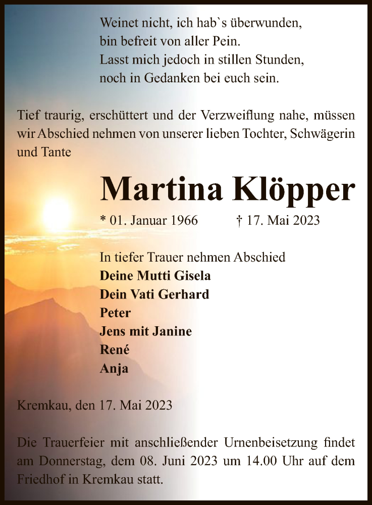  Traueranzeige für Martina Klöpper vom 23.05.2023 aus UEL