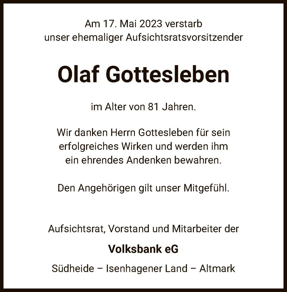  Traueranzeige für Olaf Gottesleben vom 24.05.2023 aus UEL