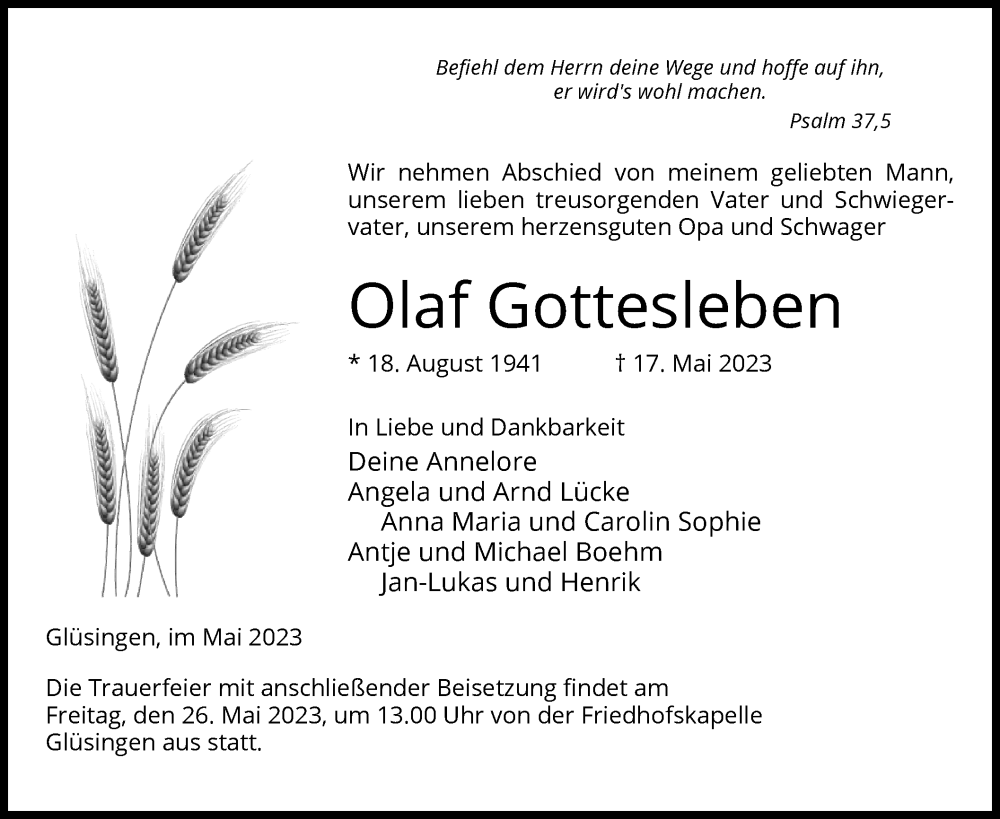  Traueranzeige für Olaf Gottesleben vom 23.05.2023 aus UEL