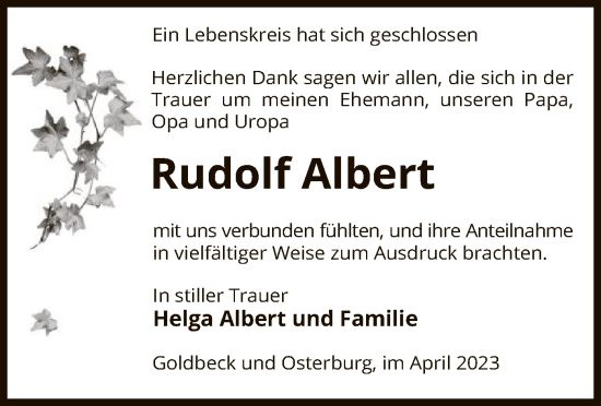 Traueranzeige von Rudolf Albert von UEL