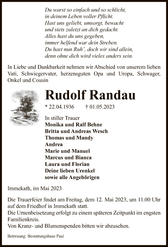 Traueranzeige von Rudolf Randau von UEL