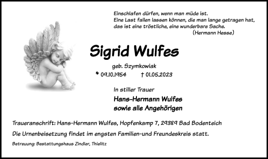 Traueranzeige von Sigrid Wulfes von UEL