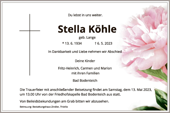 Traueranzeige von Stella Köhle von UEL