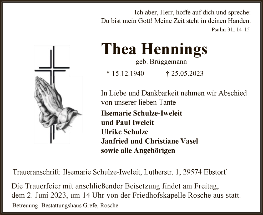  Traueranzeige für Thea Hennings vom 27.05.2023 aus UEL