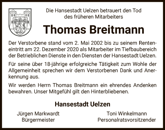 Traueranzeige von Thomas Breitmann von UEL