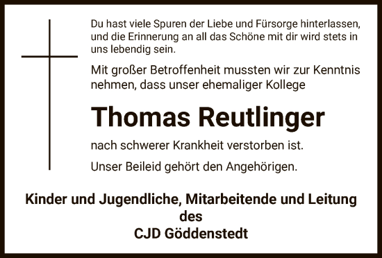 Traueranzeige von Thomas Reutlinger von UEL