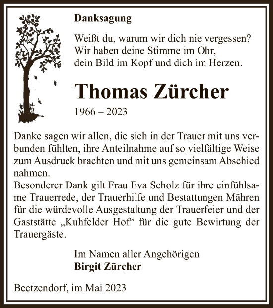 Traueranzeige von Thomas Zürcher von UEL