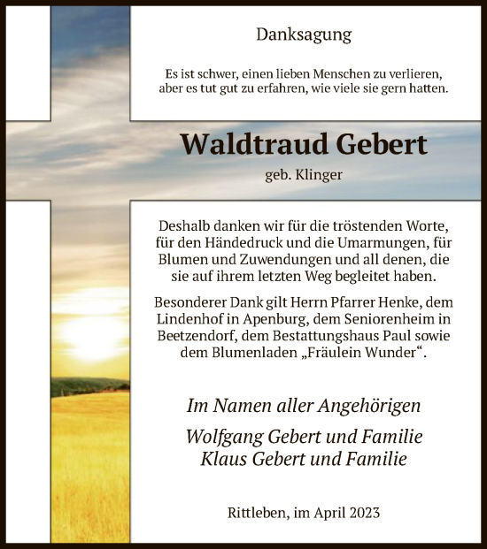 Traueranzeige von Waldtraud Gebert von UEL