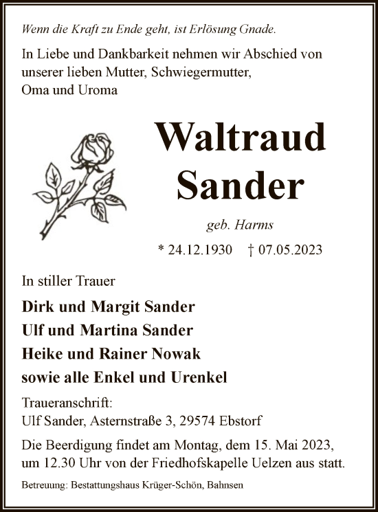 Traueranzeige von Waltraud Sander von UEL