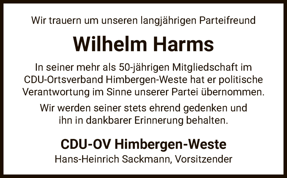  Traueranzeige für Wilhelm Harms vom 25.05.2023 aus UEL