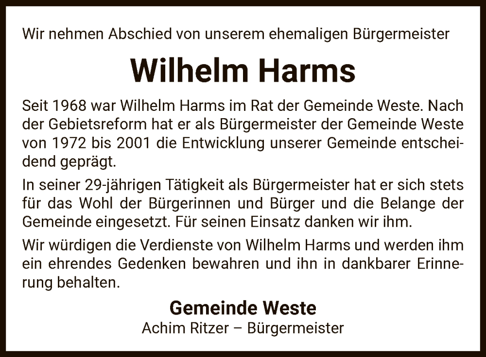  Traueranzeige für Wilhelm Harms vom 25.05.2023 aus UEL